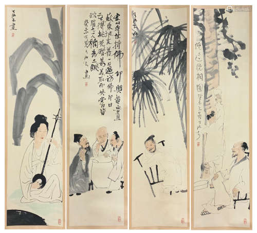 FOUR PANELS OF CHINESE SCROLL PAINTING OF PEOPLE UNDER TREE