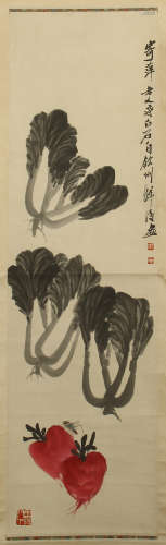 CHINESE SCROLL PAINTING OF CABBAGE AND RADDISH