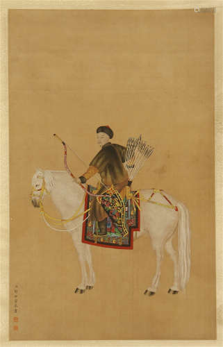CHINESE SCROLL PAINTING OF WARROR ON HORSE