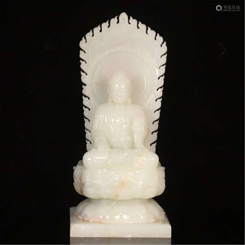 CHINESE WHITE JADE SEATED BUDDHA ON NICHE