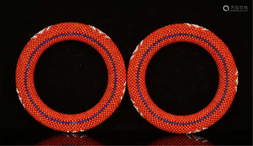 PAIR OF CHINESE CORAL BEAD BANGLE