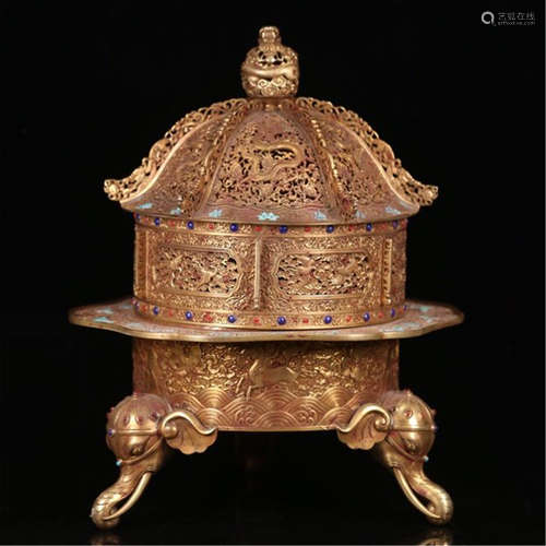 CHINESE GILT BRONZE ELEPHANT TRUNK FEET LIDDED CENSER