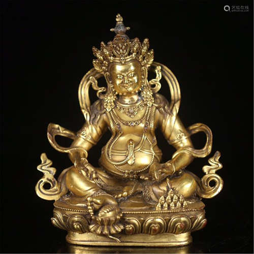 TIBETAN GILT BRONZE SEATED YELLOW JAMBHALA