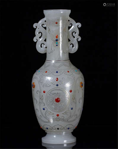 CHINESE GEM STONE INLAID GREY JADE VASE