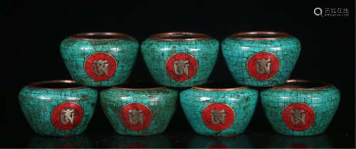 SEVEN TIBETAN TURQUOISE BRONZE WATER BOWLS