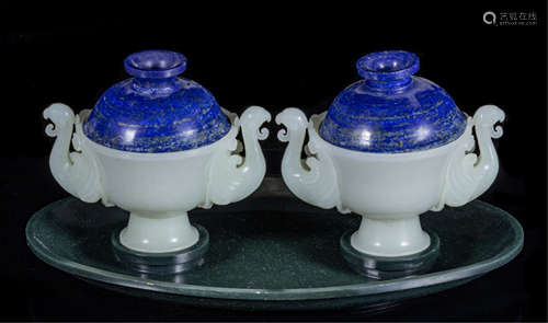 PAIR OF CHINESE LAPIS LIDDED JADE PHOENIX HANDLE CENSER