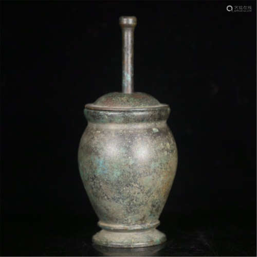 CHINESE BRONE LIDDED JAR WITH HANDLE