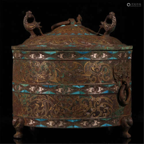 CHINESE SILVER GOLD TURQUOISE INLAID LIDDED CENSER