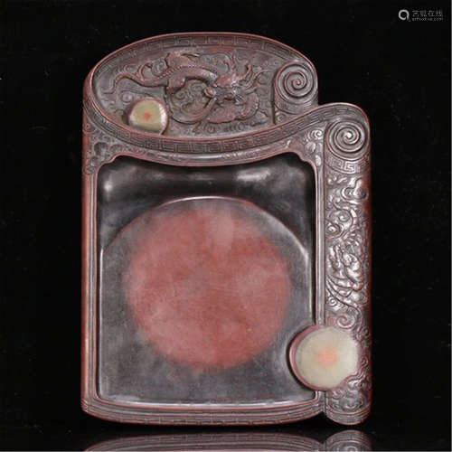 CHINESE RED DUAN STONE DRAGON INKSTONE