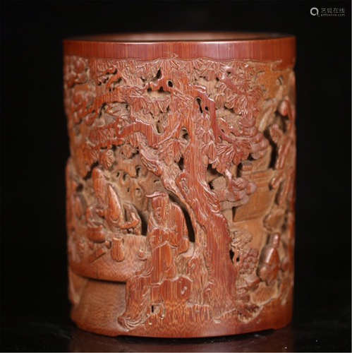 CHINESE BAMBOO MAN UNDER TREE BRUSH POT