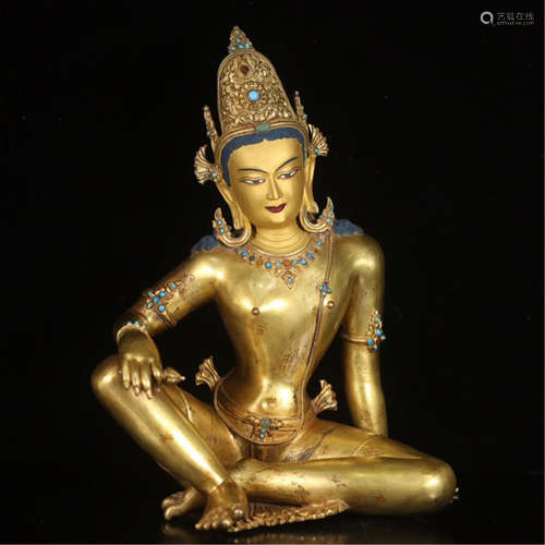 CHINESE GEM STONE INLAID GILT BRONZE SEATED GUANYIN