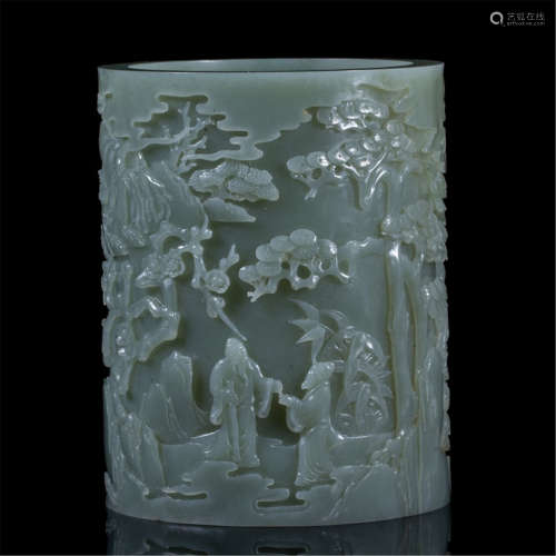 CHINESE SPINACH JADE MAN IN MOUNTAIN BRUSH POT