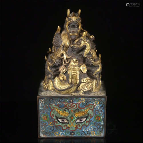 CHINESE GILT BROZNE DRAGON CLOISONNE SEAL