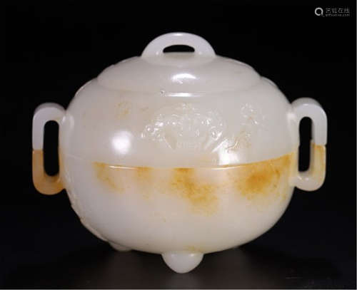 CHINESE WHITE JADE HANDLE ROUND CENSER