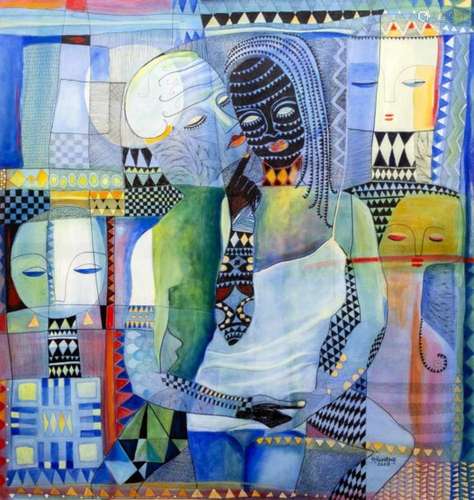 Tola Wewe (geb. 1959)'Passion for love'; doek; 120 x 114 cm.; gesign. r.o., 2007; Herkomst: Uit