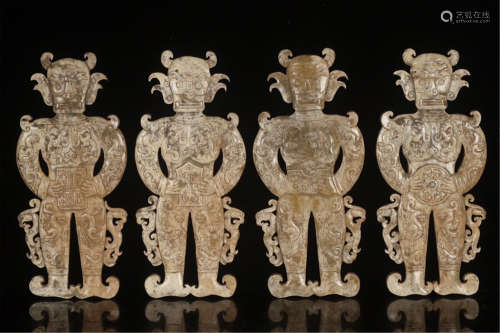 FOUR CHINESE ANCIENT JADE FIGURES