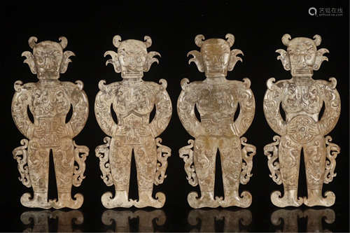 FOUR CHINESE ANCIENT JADE FIGURES