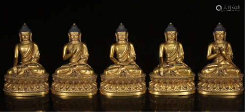 FIVE CHINESE GILT BRONZE SEATED BUDDHA