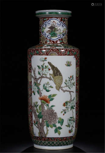 CHINESE PORCELAIN WUCAI BIRD AND FLOWER VASE