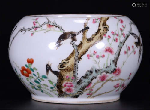 CHINESE PORCELAIN FAMILLE ROSE BIRD AND FLOWER WATER POT