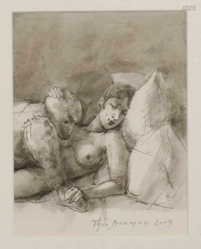 Theo Daamen (geb. 1939)Vrouw met teddybeer. Hierbij litho door Chagall.; inkttekening; 22 x 17