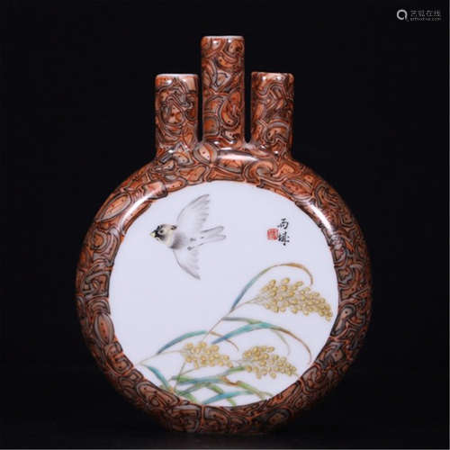 CHINESE PORCELAIN FAMILLE ROSE BIRD AND FLOWER FLATTEN VASE