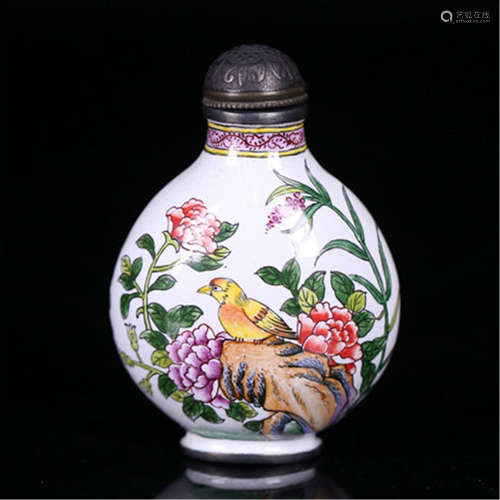 CHINESE ENAMEL BIRD AND FLOWER SNUFF BOTTLE