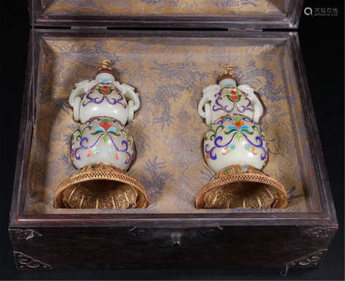 PAIR OF CHINESE GEM STONE INLAID ENAMEL GOURD VASES