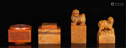 FOUR CHINESE SOAPSTONE TIANHUANG BEAST SEALS