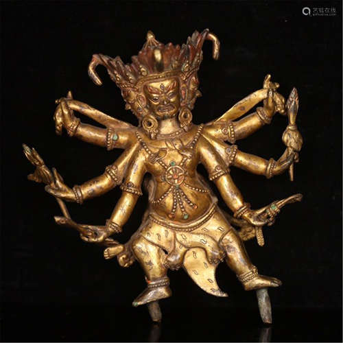 TIBETAN GILT BRONZE SIX ARM BUDDHIST GUARDIAN