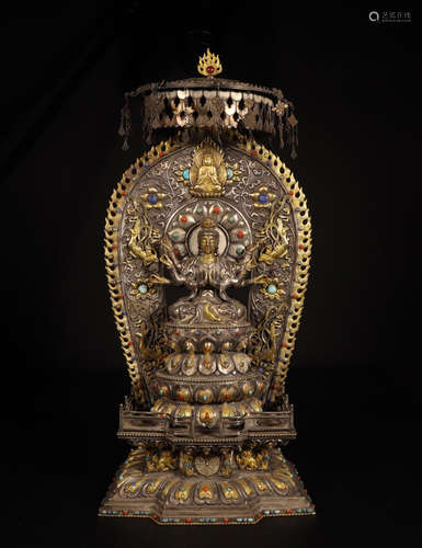 TIBETAN PARTLY GILD SILVER GEM STONE INLAID BUDDHA IN NICHE