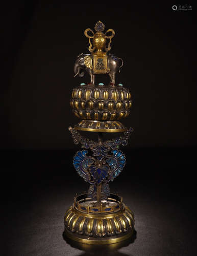 TIBETAN GILT SILVER ENAMEL ELEPHANT