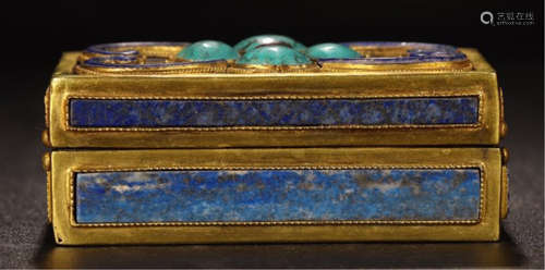 CHINESE GEM STONE INLAID GILT BRONZE LIDDED BOX