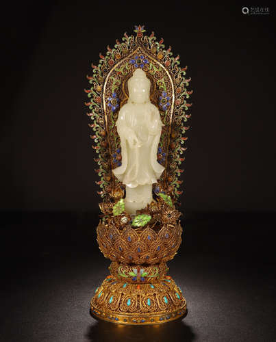 CHINESE GILT SILVER ENAMEL STANDING YELLOW JADE GUANYIN