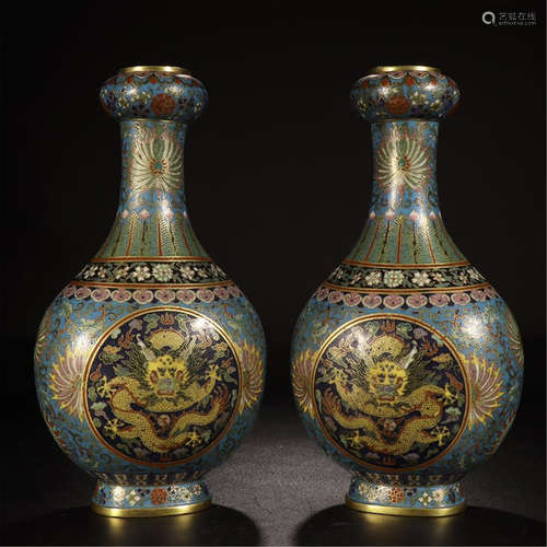 PAIR OF CHINESE CLOISONNE DRAGON VASES