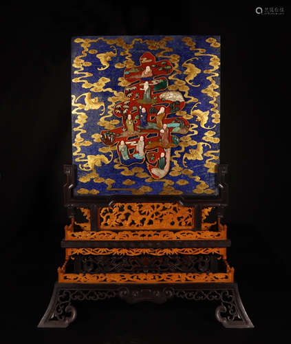 CHINESE GEM STONE INLAID LAPIS PLAQUE TABLE SCREEN