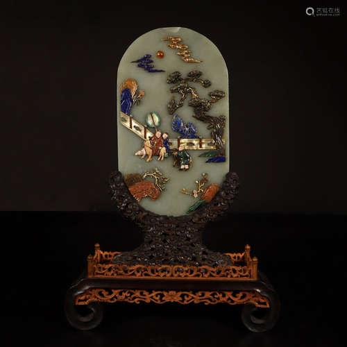 CHINESE GEM STONE INLAID GREY JADE PLAQUE TABLE SCREEN