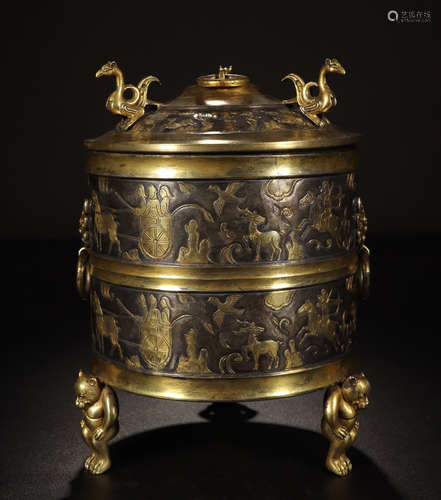 CHINESE GILT SILVER FIGURES AND STORY LIDDED CENSER