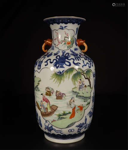 CHINESE PORCELAIN FAMILLE ROSE PEOPLE BY RIVE VASE