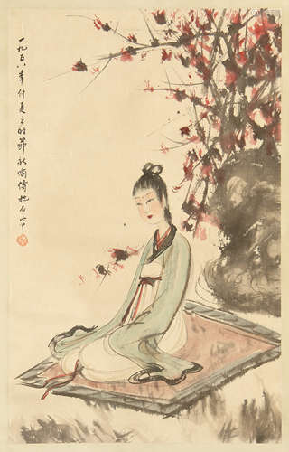 CHINESE SCROLL PAINTING OF SEATED BEAUTY