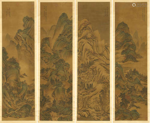 FOUR PANELS OF CHINESE SCROLL PAINTING OF MOUNTAIN VIEWS