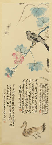 CHINESE SCROLL PAINTING OF BIRD AND FLOWER WITH CALLIGRAPHY