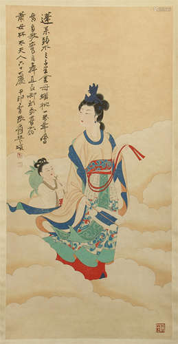 CHINESE SCROLL PAINTING OF BEAUTY WITH CALLIGRAPHY