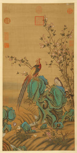 CHINESE SCROLL PAINTING OF BRID ON ROCK