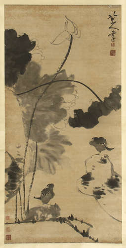 CHINESE SCROLL PAINTING OF BIRD AND LOTUS