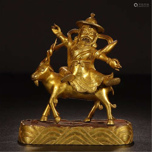 TIBETAN GILT BRONZE BUDDHA ON RAM