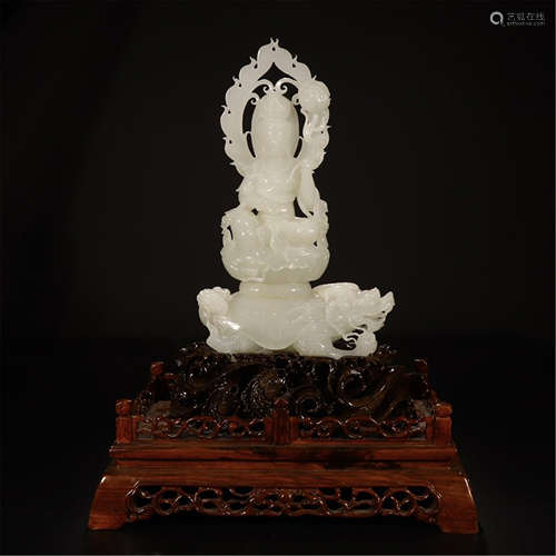 CHINESE WHITE JADE SEATED GUANYIN ON STAND