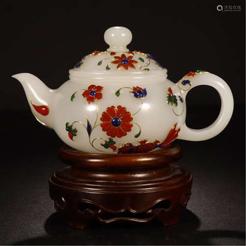 CHINESE GEM STONE INLAID ENAMEL TEA POT