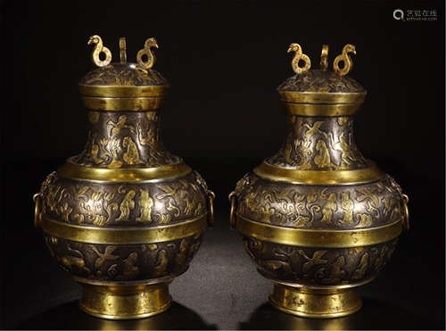 PAIR OF CHINESE GILT SILVER FIGURES AND STORY LIDDED VASE