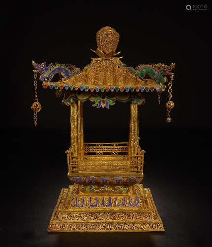 CHINESE GILT SILVER ENAMEL PAVILION BUDDHSIT NICHE